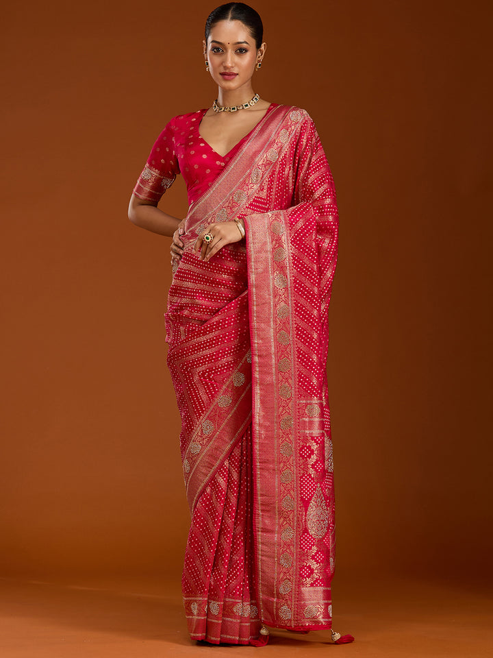 Magenta Pink Silk Jaal Stonework Saree With Matching Blouse Piece