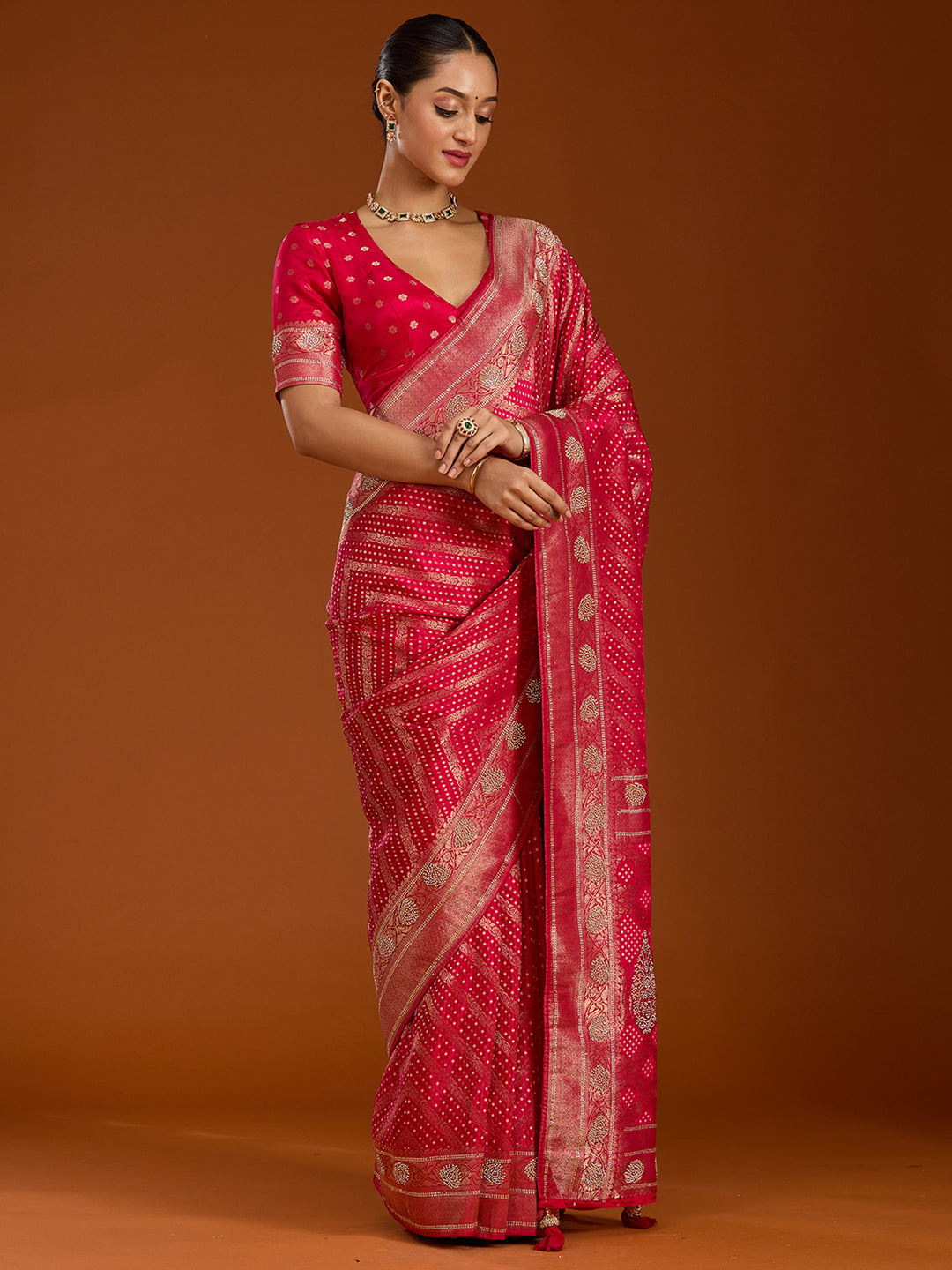 Magenta Pink Silk Jaal Stonework Saree With Matching Blouse Piece