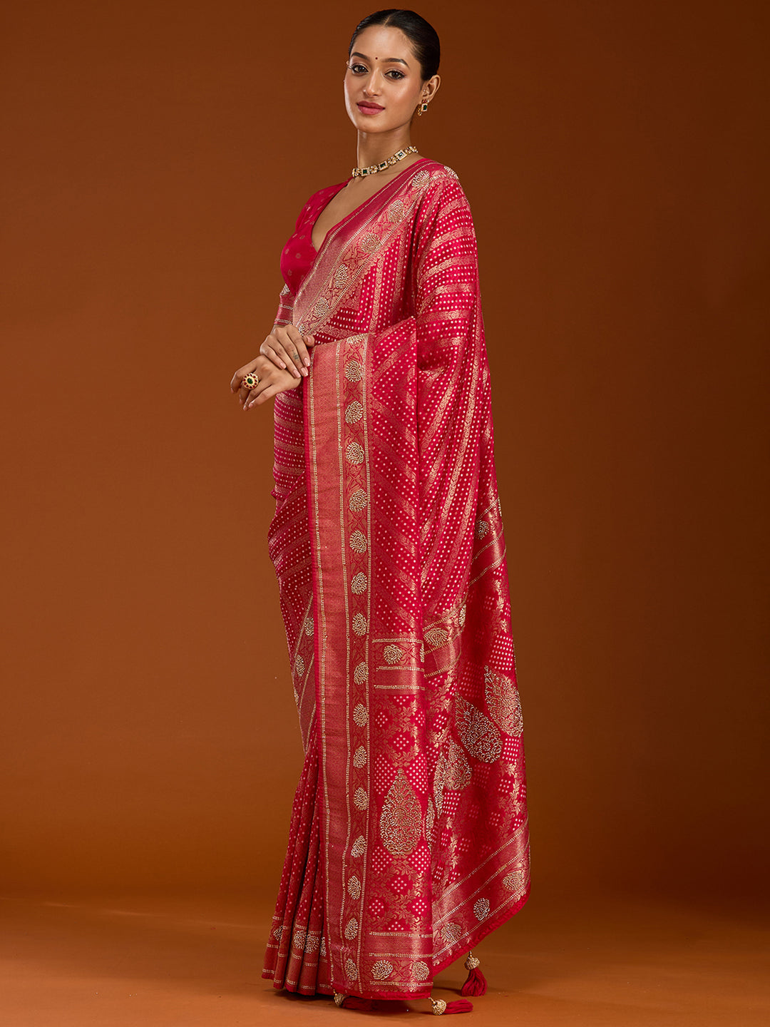 Magenta Pink Silk Jaal Stonework Saree With Matching Blouse Piece