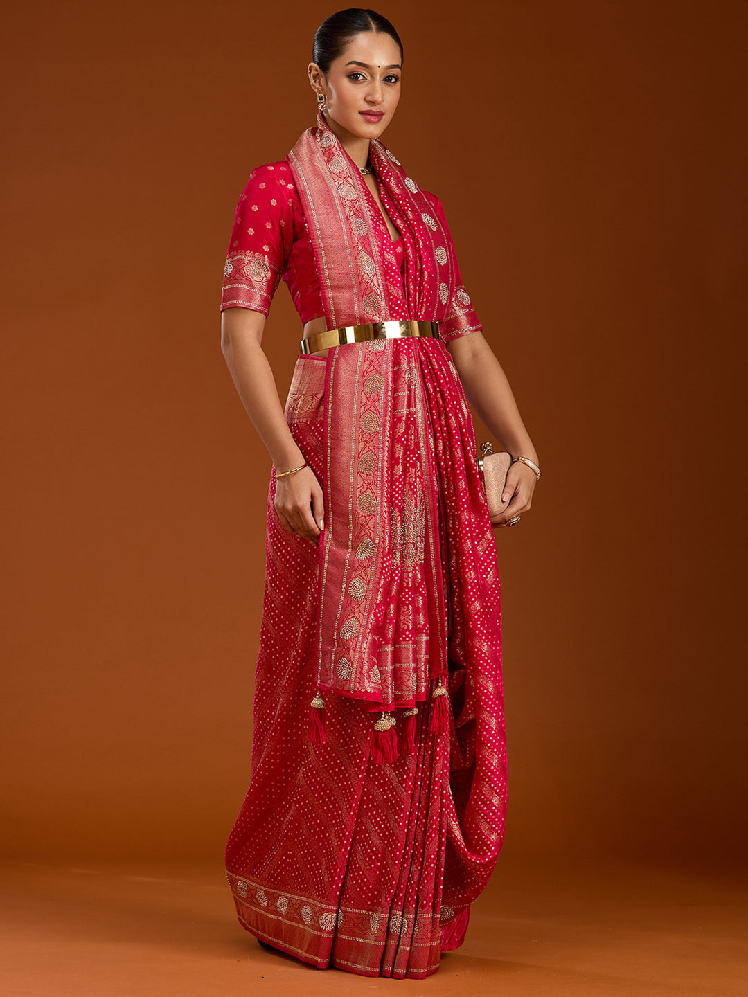 Magenta Pink Silk Jaal Stonework Saree With Matching Blouse Piece