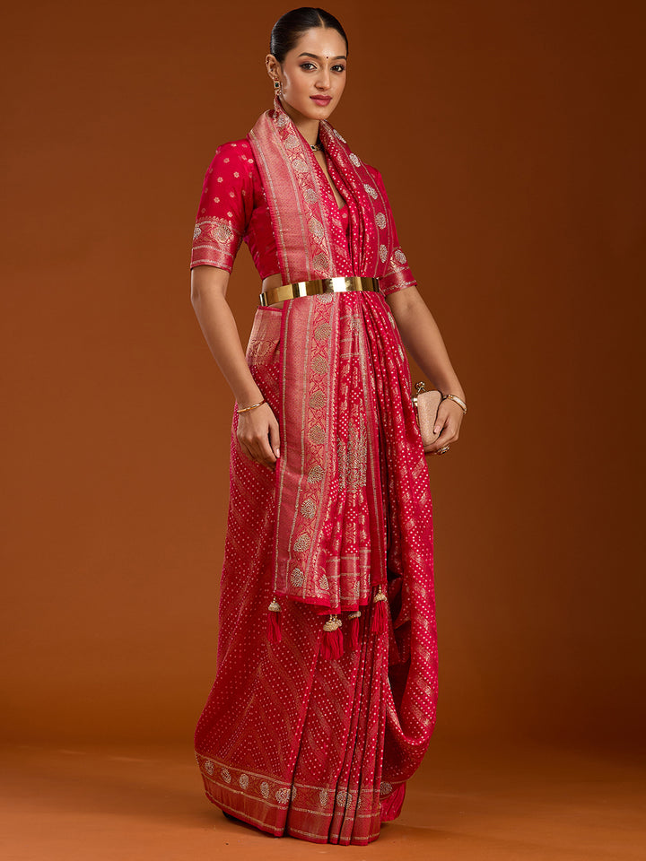 Magenta Pink Silk Jaal Stonework Saree With Matching Blouse Piece