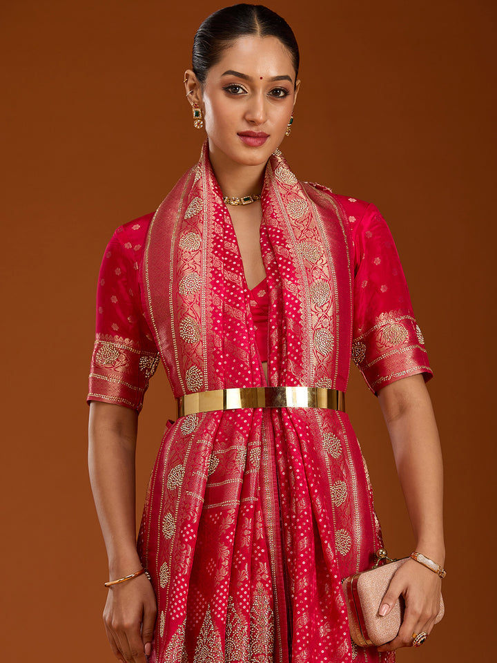 Magenta Pink Silk Jaal Stonework Saree With Matching Blouse Piece