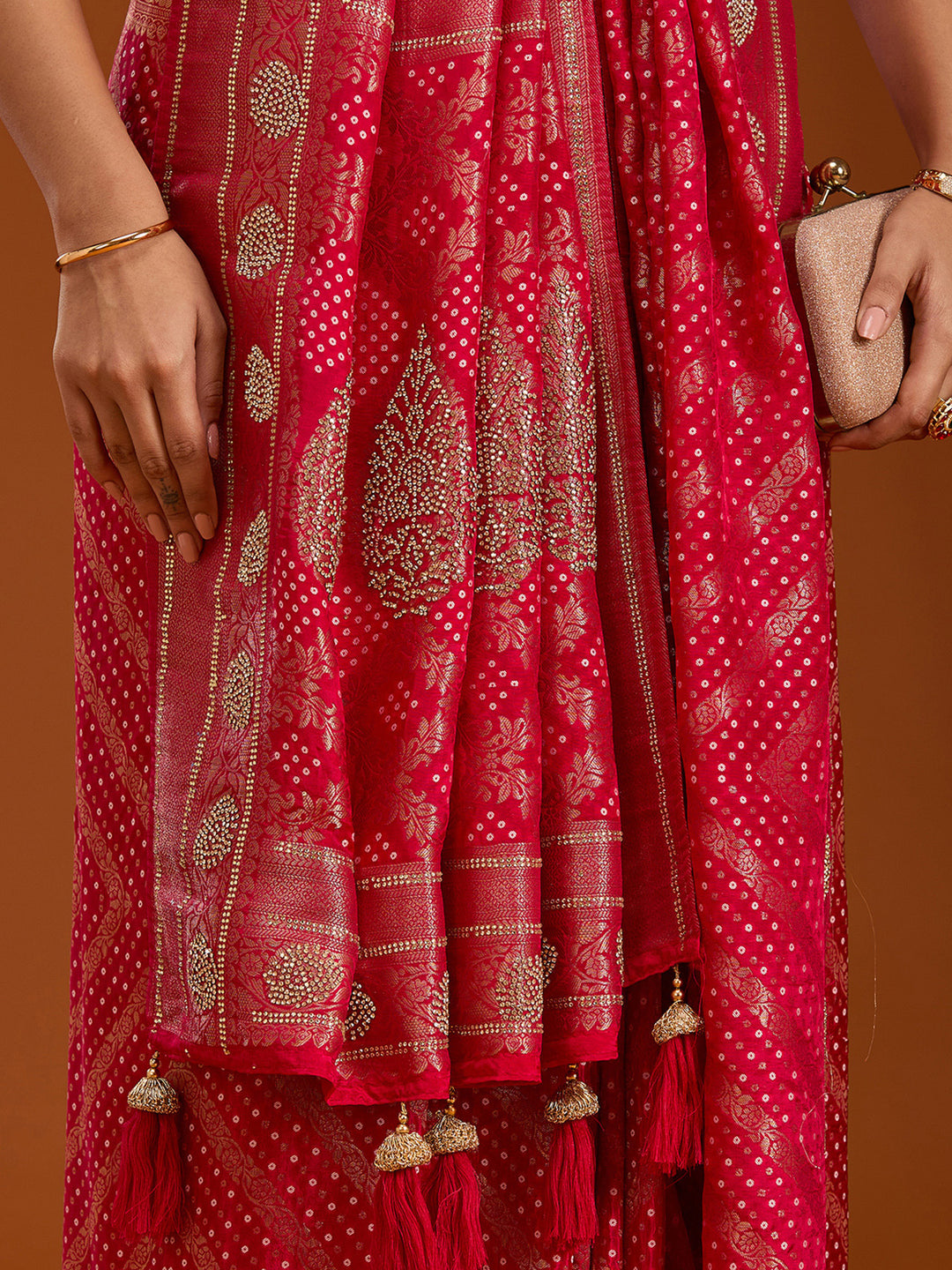 Magenta Pink Silk Jaal Stonework Saree With Matching Blouse Piece