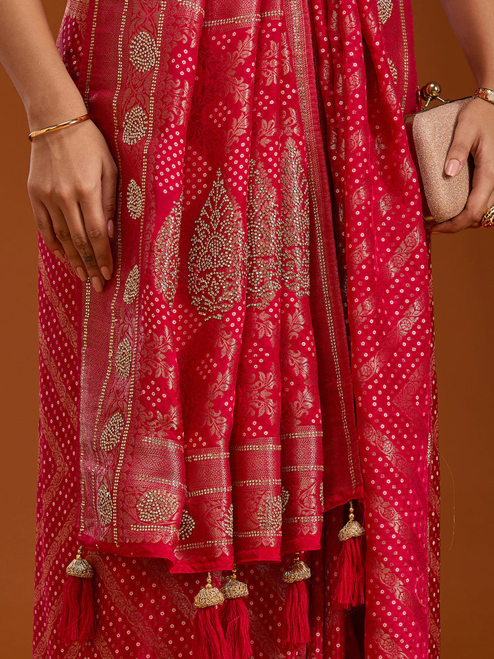 Magenta Pink Silk Jaal Stonework Saree With Matching Blouse Piece