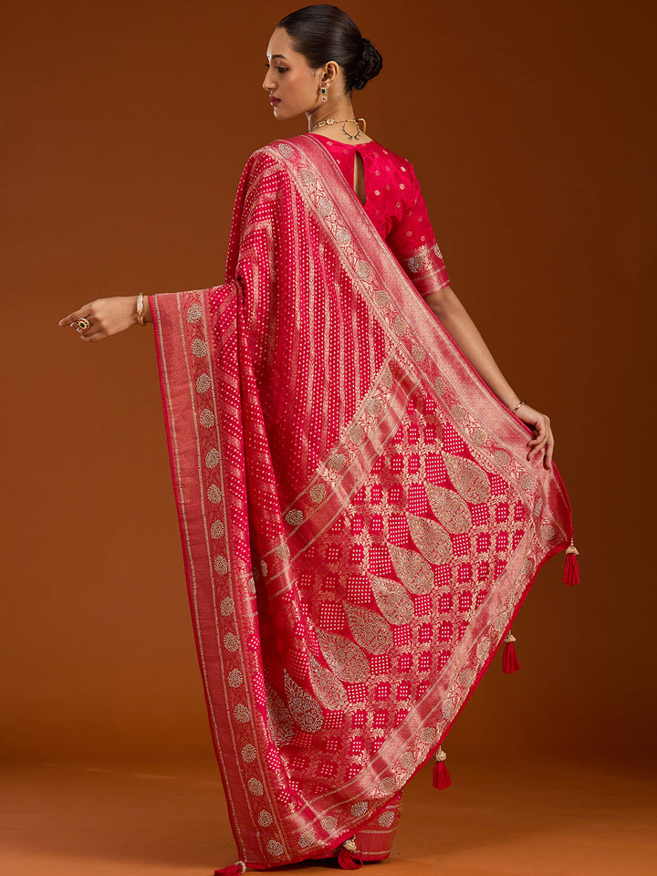Magenta Pink Silk Jaal Stonework Saree With Matching Blouse Piece