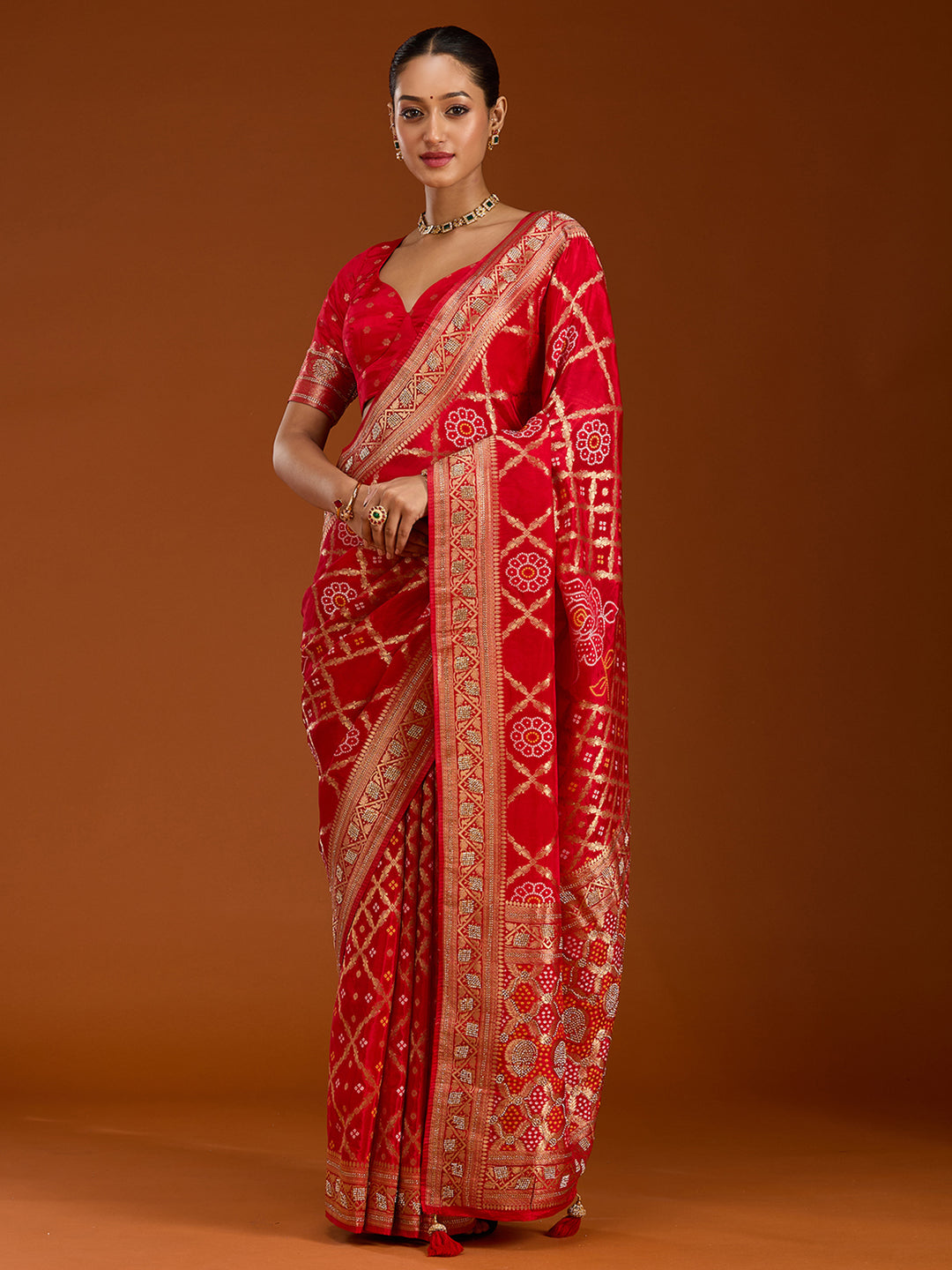 Red Silk Jaal Stonework Saree With Matching Blouse Piece