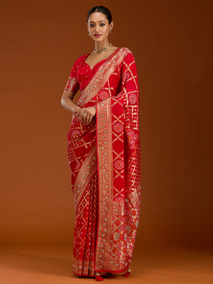 Red Silk Jaal Stonework Saree With Matching Blouse Piece