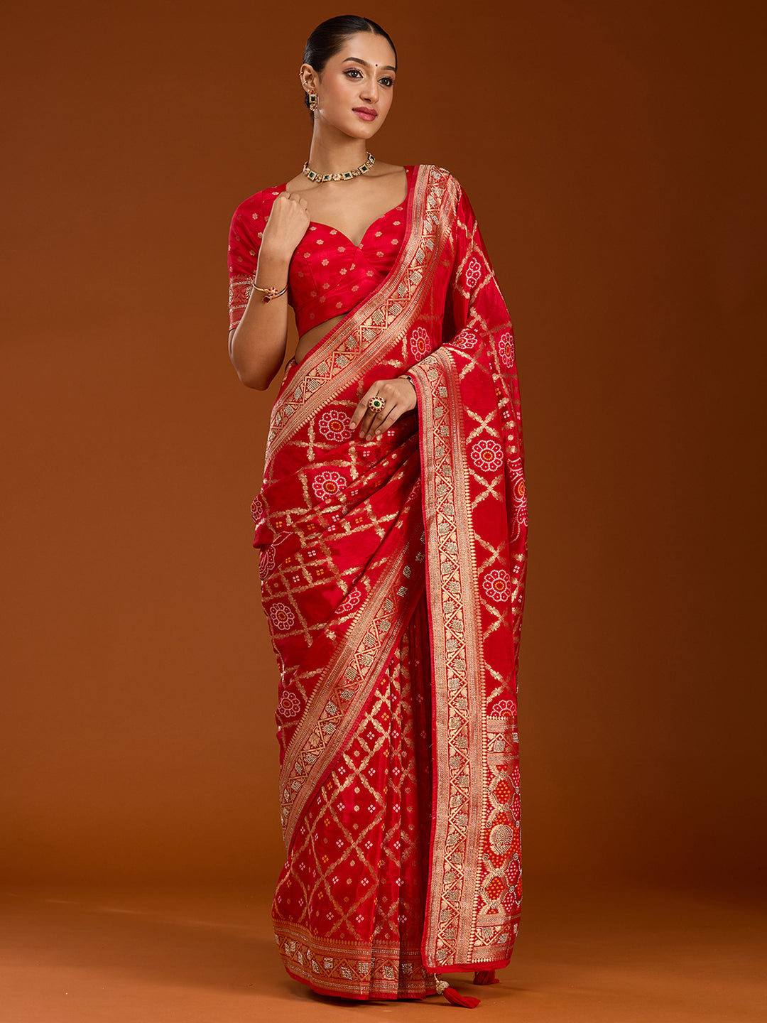 Red Silk Jaal Stonework Saree With Matching Blouse Piece
