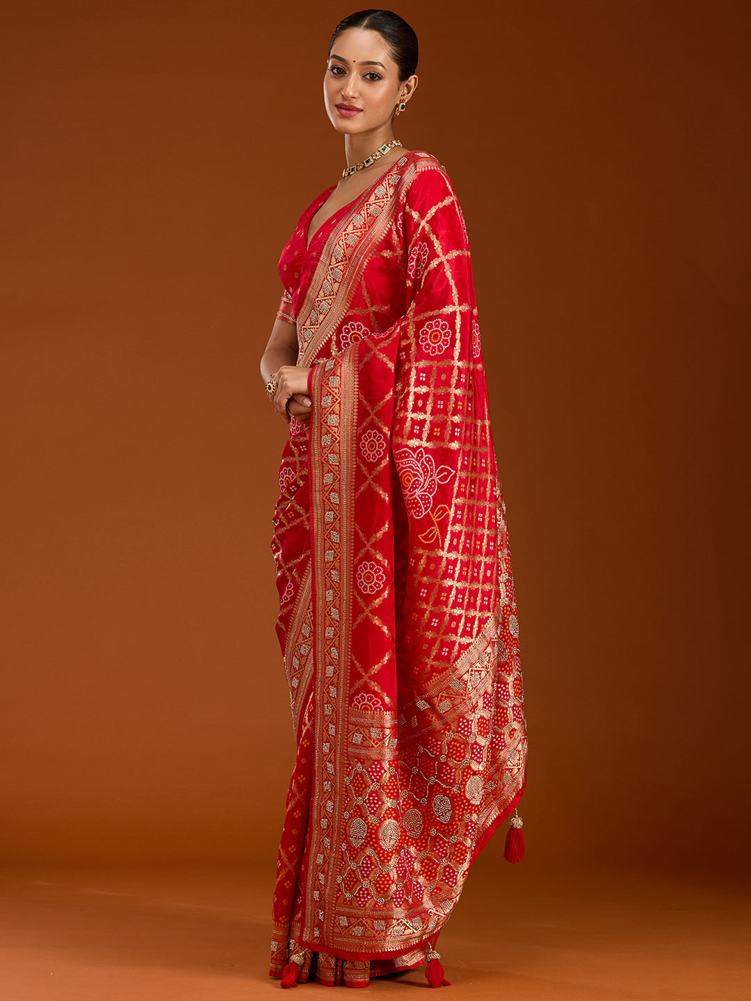 Red Silk Jaal Stonework Saree With Matching Blouse Piece