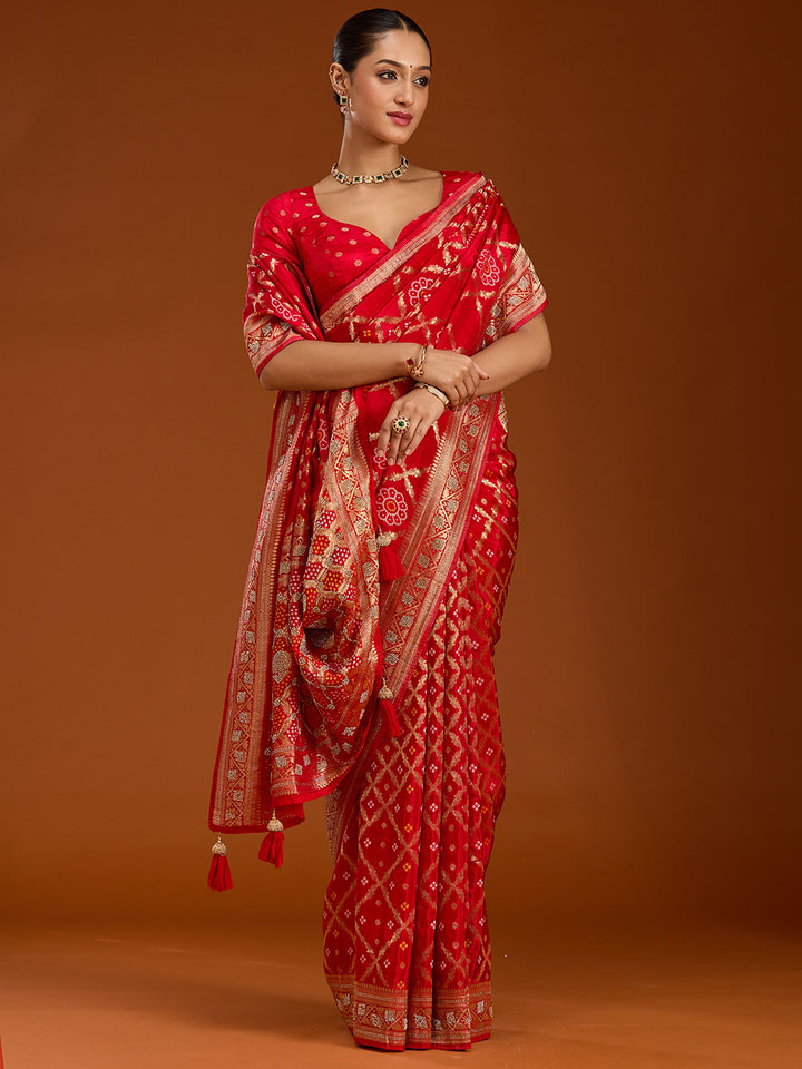 Red Silk Jaal Stonework Saree With Matching Blouse Piece