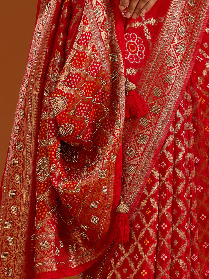 Red Silk Jaal Stonework Saree With Matching Blouse Piece