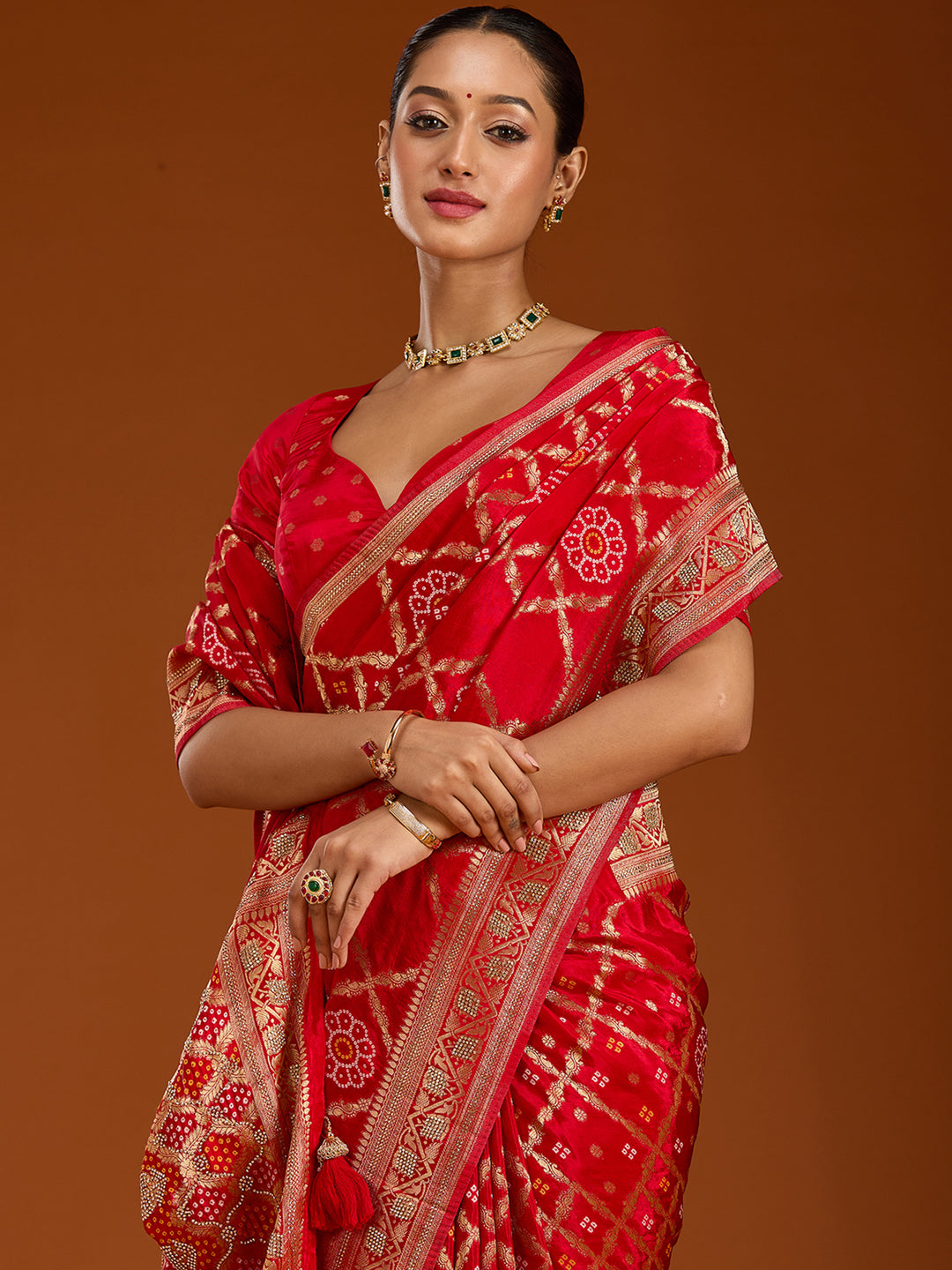 Red Silk Jaal Stonework Saree With Matching Blouse Piece