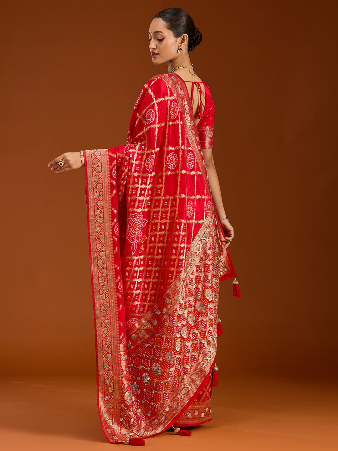 Red Silk Jaal Stonework Saree With Matching Blouse Piece
