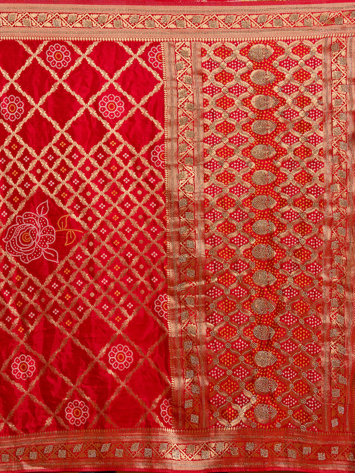 Red Silk Jaal Stonework Saree With Matching Blouse Piece