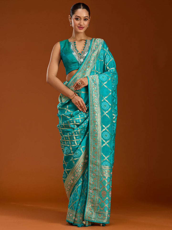 Turquoise Blue Silk Jaal Stonework Saree With Matching Blouse Piece