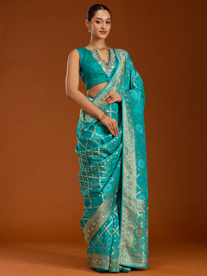 Turquoise Blue Silk Jaal Stonework Saree With Matching Blouse Piece