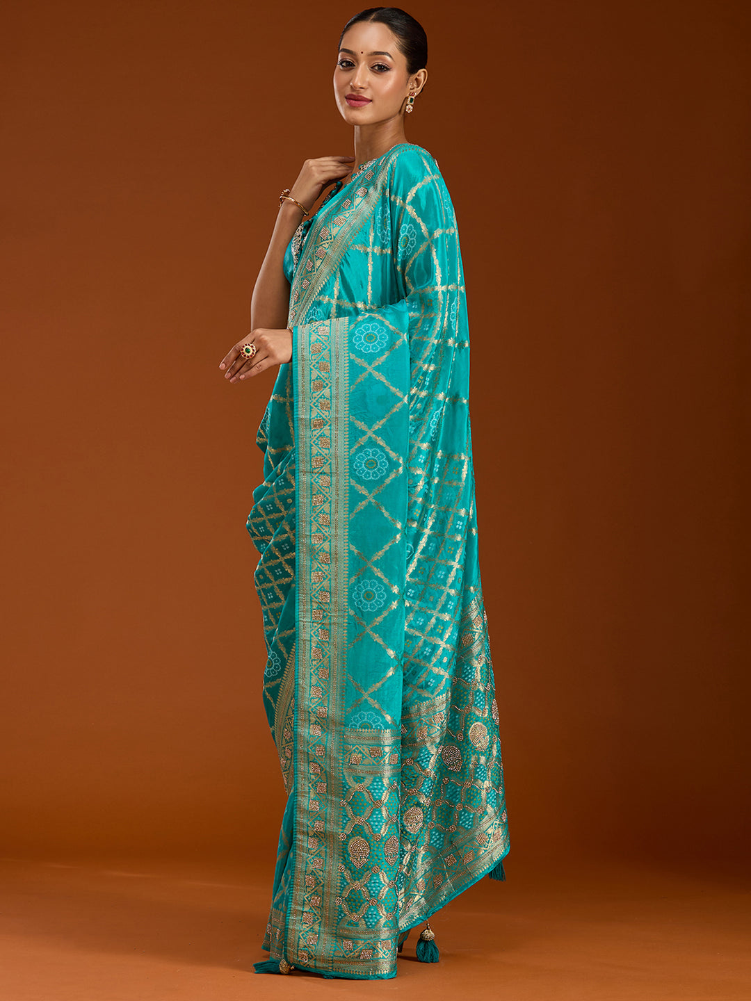 Turquoise Blue Silk Jaal Stonework Saree With Matching Blouse Piece
