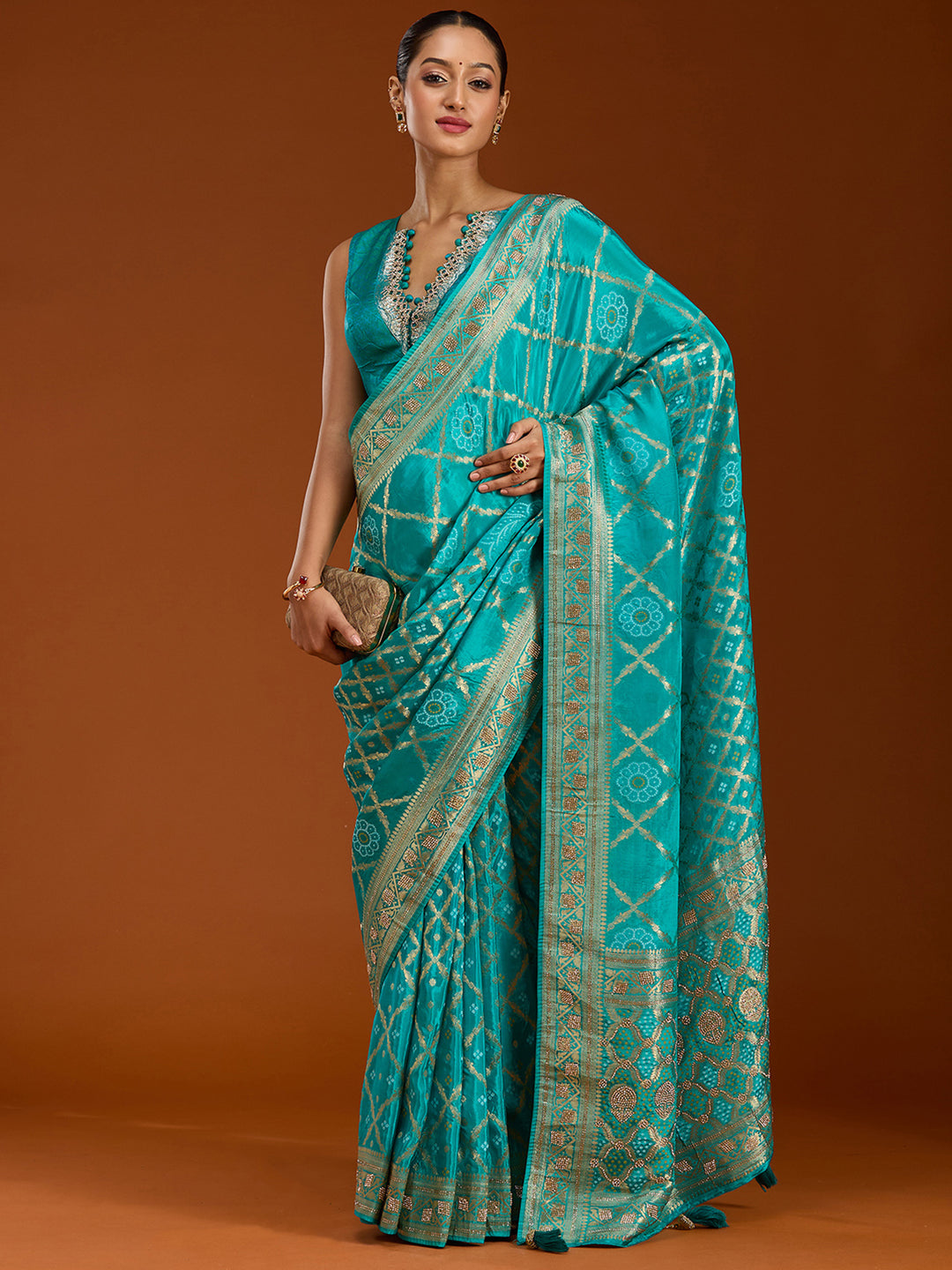 Turquoise Blue Silk Jaal Stonework Saree With Matching Blouse Piece