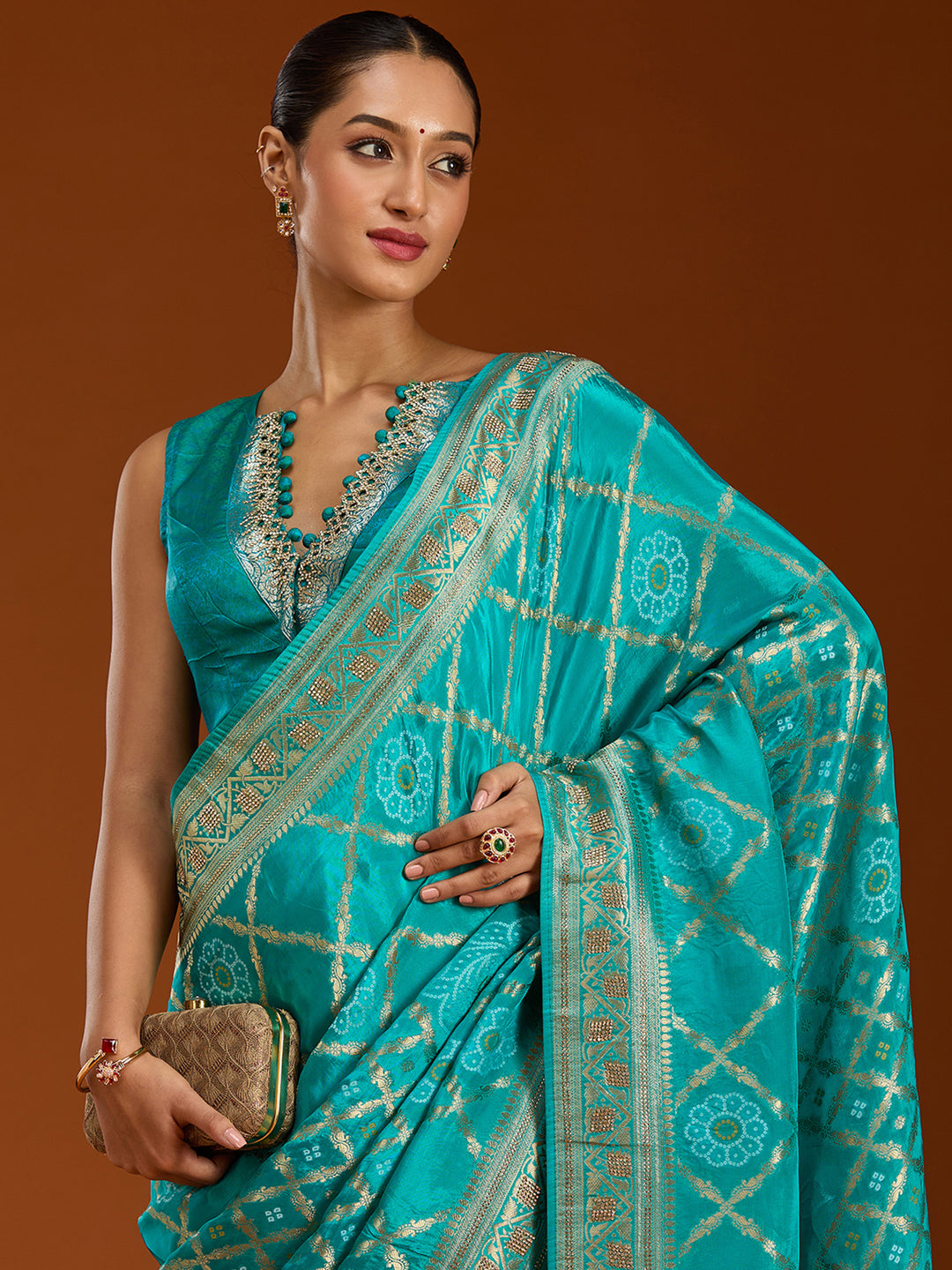 Turquoise Blue Silk Jaal Stonework Saree With Matching Blouse Piece