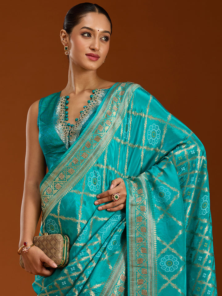 Turquoise Blue Silk Jaal Stonework Saree With Matching Blouse Piece