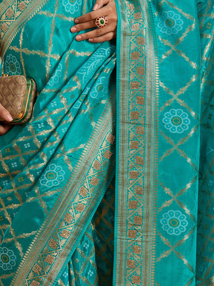 Turquoise Blue Silk Jaal Stonework Saree With Matching Blouse Piece
