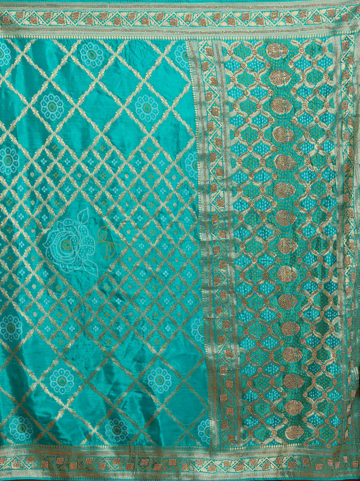 Turquoise Blue Silk Jaal Stonework Saree With Matching Blouse Piece