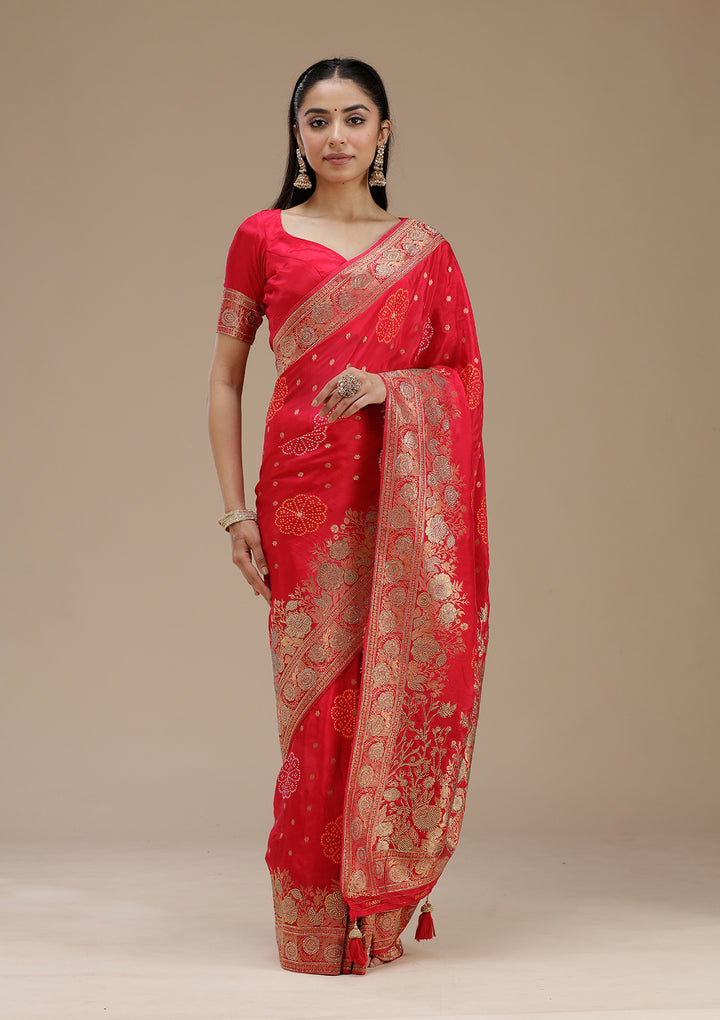 Rani Pink Silk Buti Gold Stonework Saree With Matching Blouse Piece
