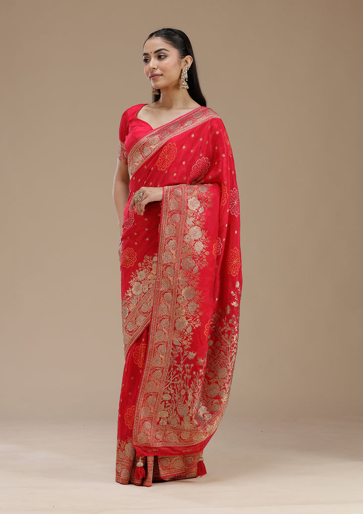 Rani Pink Silk Buti Gold Stonework Saree With Matching Blouse Piece