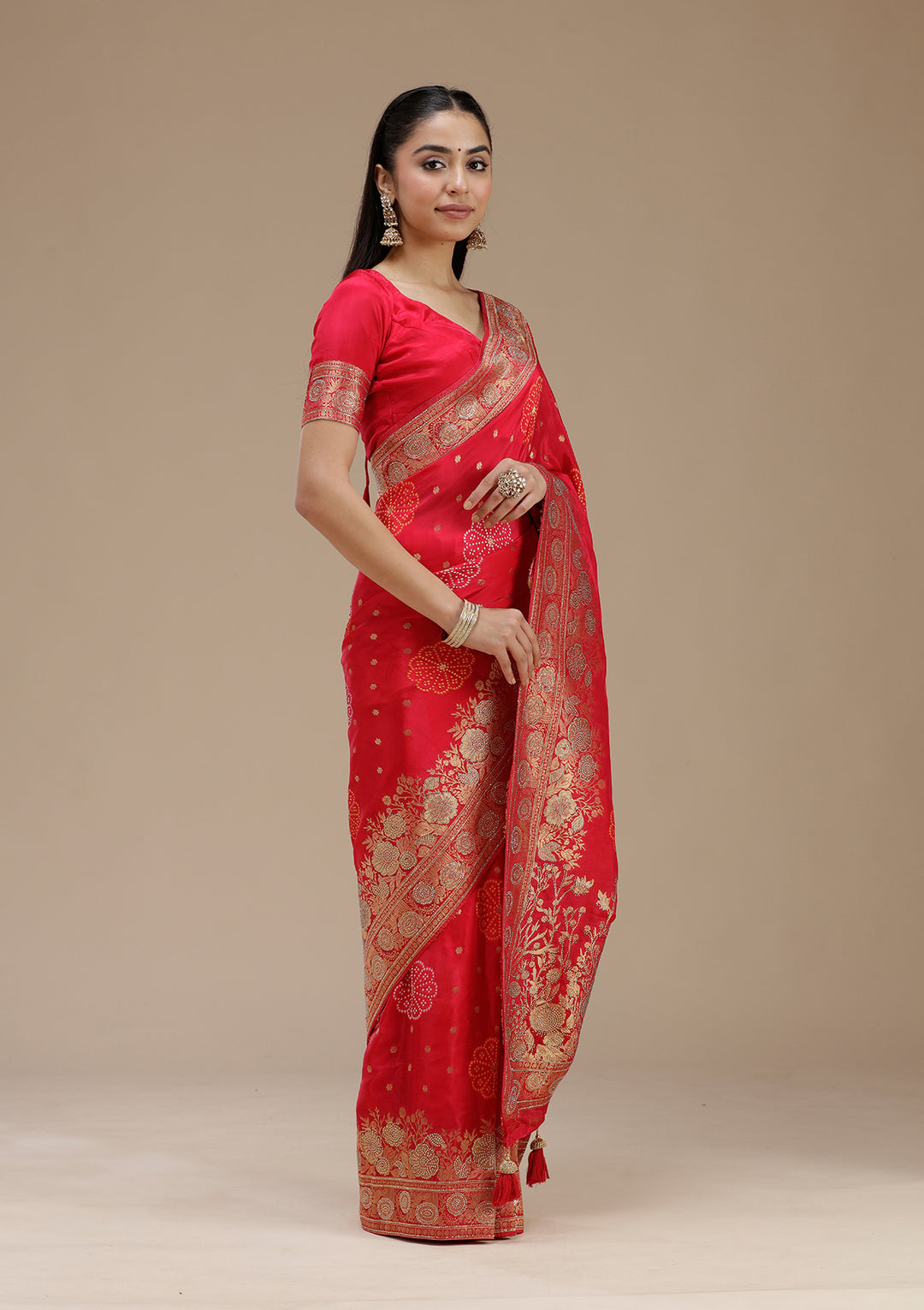 Rani Pink Silk Buti Gold Stonework Saree With Matching Blouse Piece