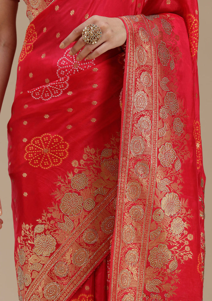 Rani Pink Silk Buti Gold Stonework Saree With Matching Blouse Piece