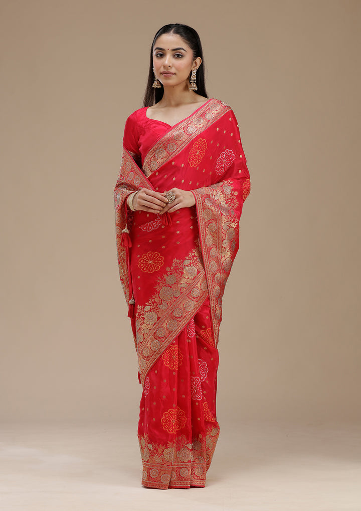 Rani Pink Silk Buti Gold Stonework Saree With Matching Blouse Piece