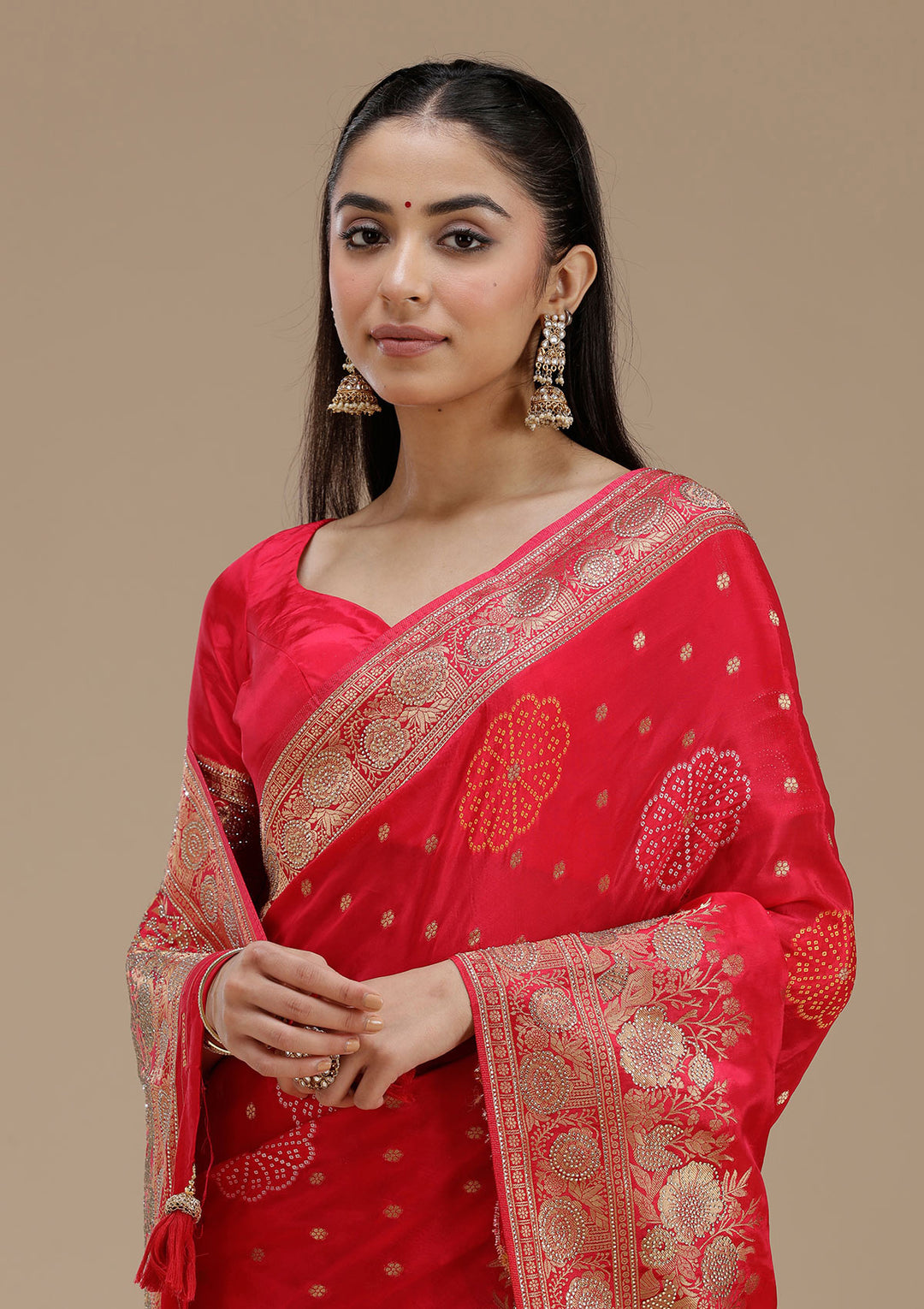Rani Pink Silk Buti Gold Stonework Saree With Matching Blouse Piece