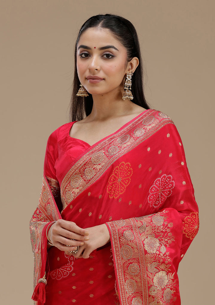 Rani Pink Silk Buti Gold Stonework Saree With Matching Blouse Piece