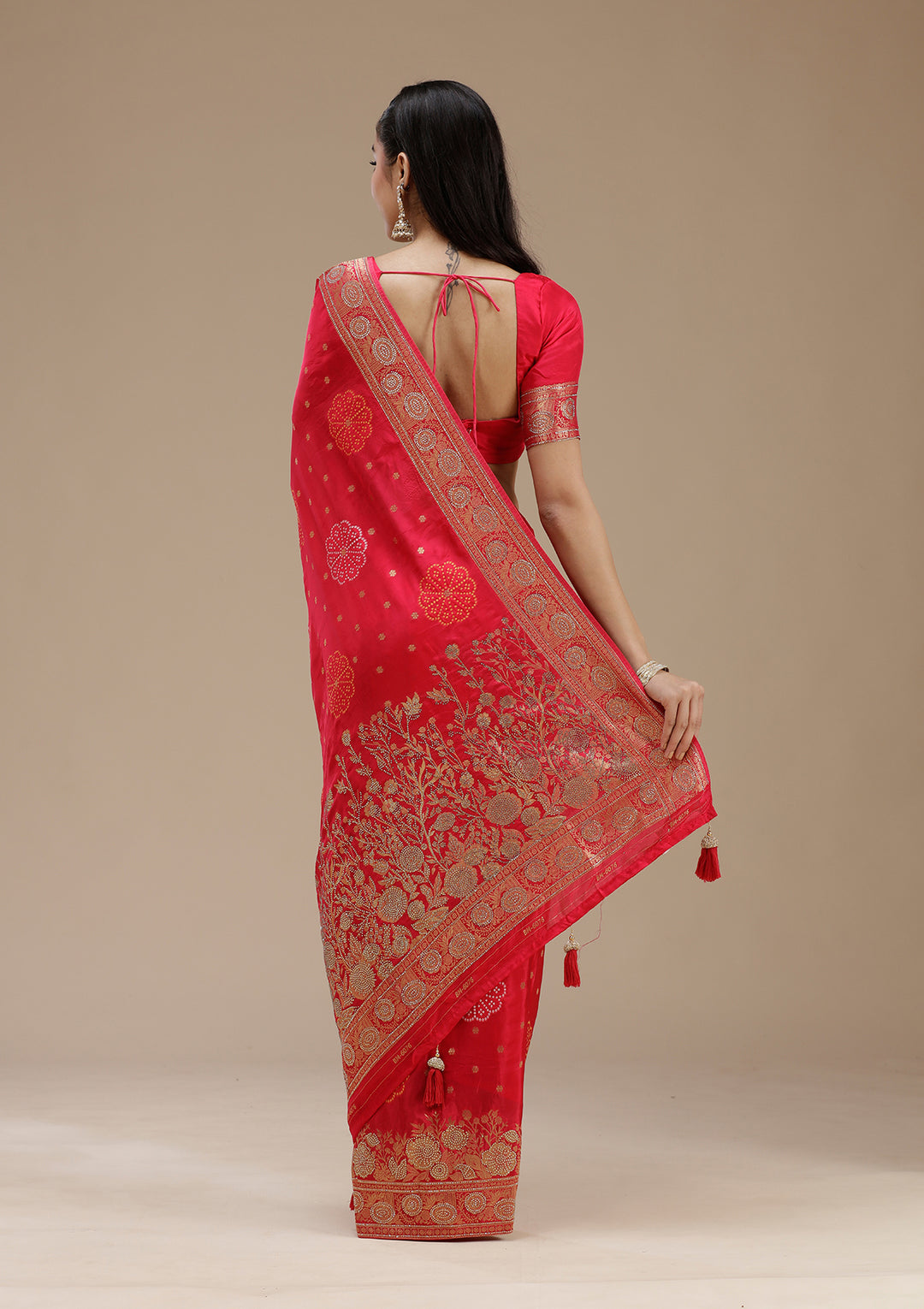 Rani Pink Silk Buti Gold Stonework Saree With Matching Blouse Piece