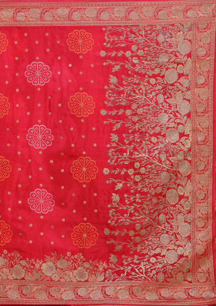 Rani Pink Silk Buti Gold Stonework Saree With Matching Blouse Piece