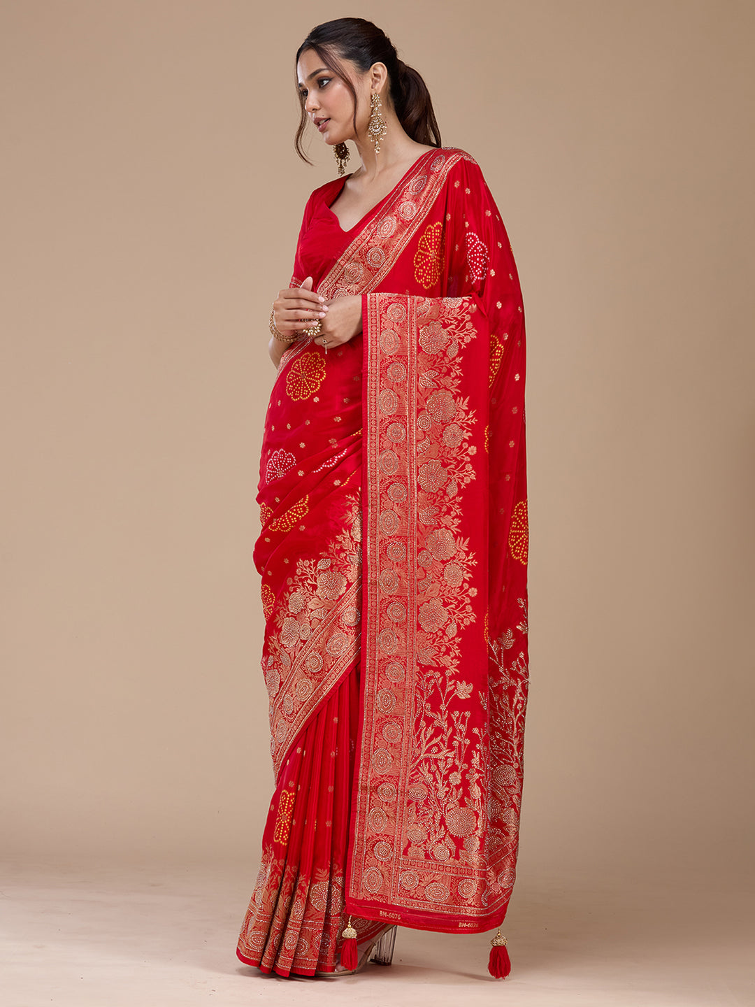 Red Silk Buti Gold Stonework Saree With Matching Blouse Piece