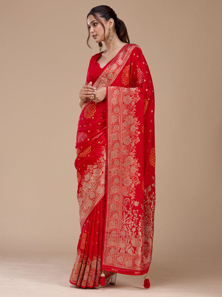 Red Silk Buti Gold Stonework Saree With Matching Blouse Piece