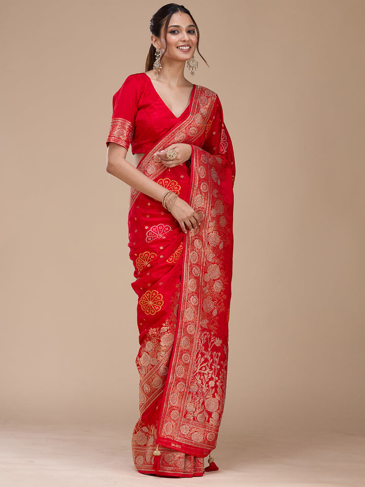 Red Silk Buti Gold Stonework Saree With Matching Blouse Piece