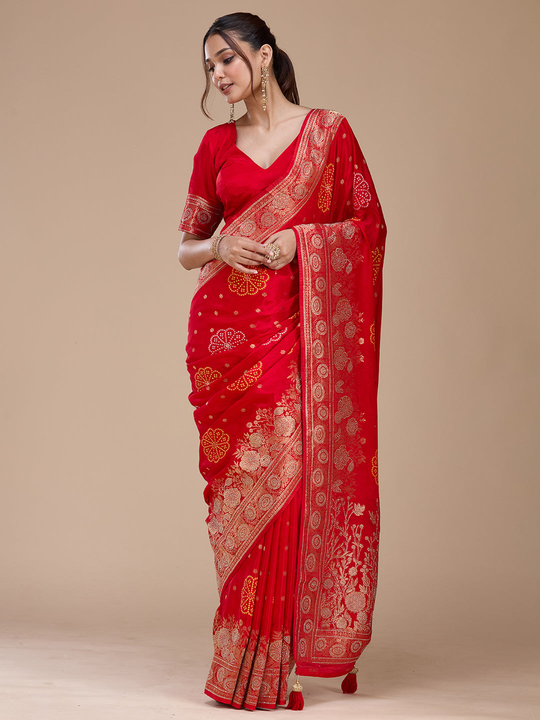 Red Silk Buti Gold Stonework Saree With Matching Blouse Piece