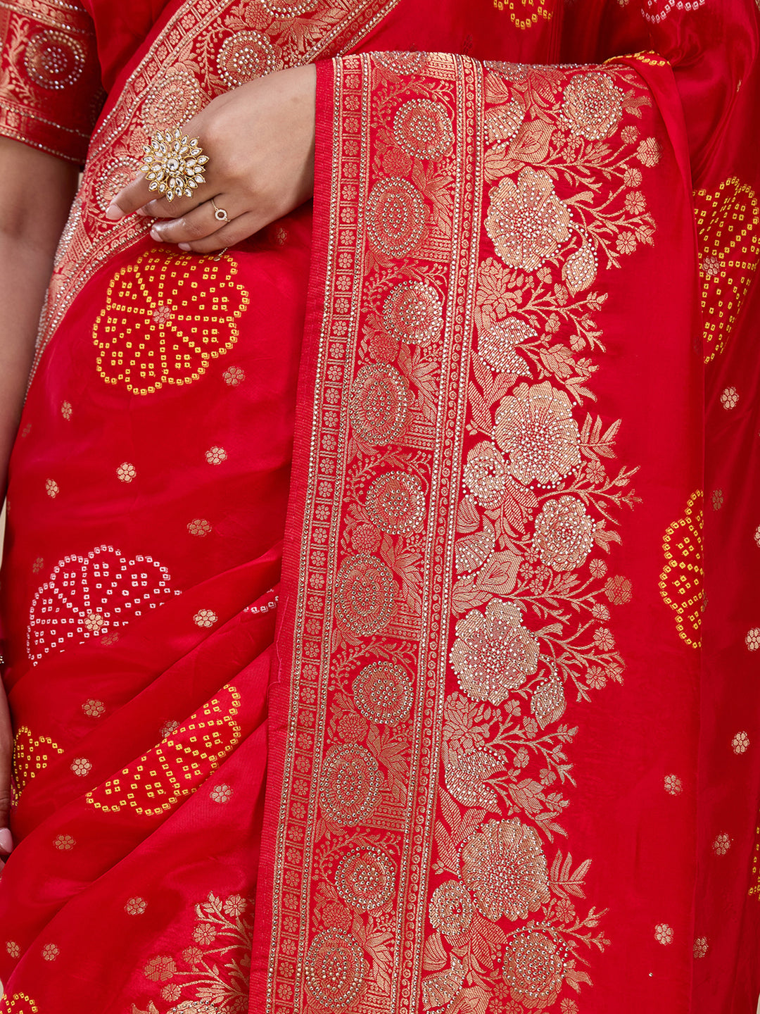 Red Silk Buti Gold Stonework Saree With Matching Blouse Piece