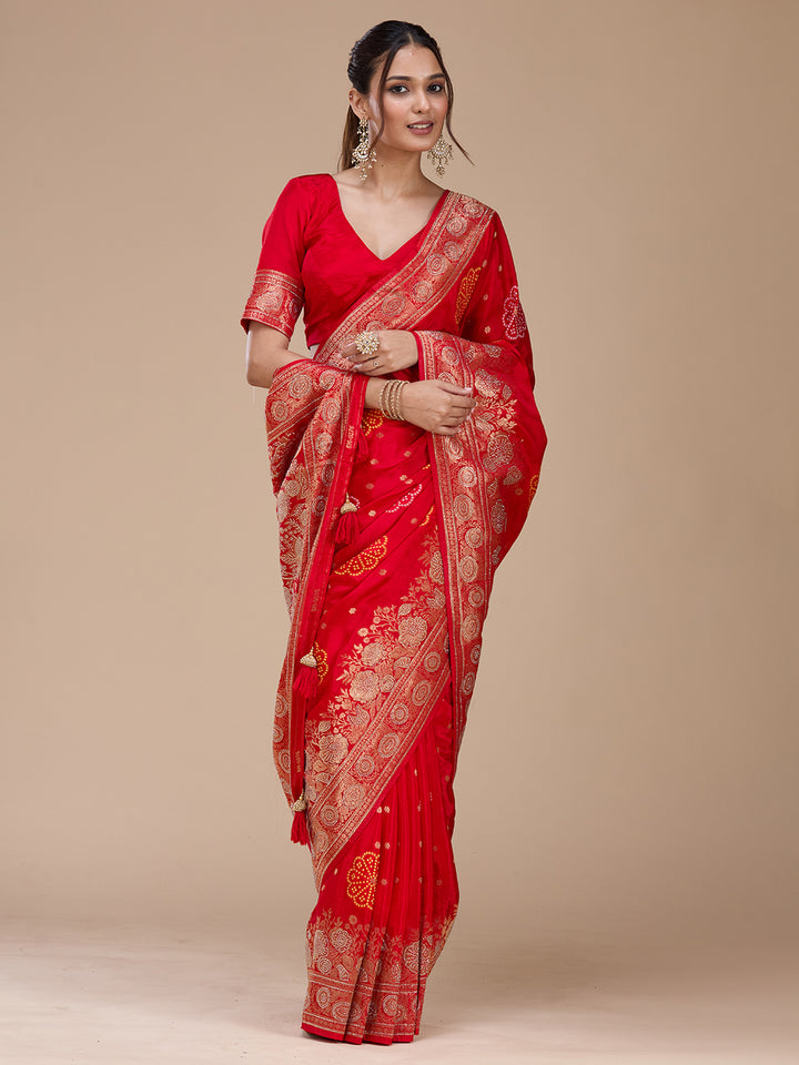 Red Silk Buti Gold Stonework Saree With Matching Blouse Piece