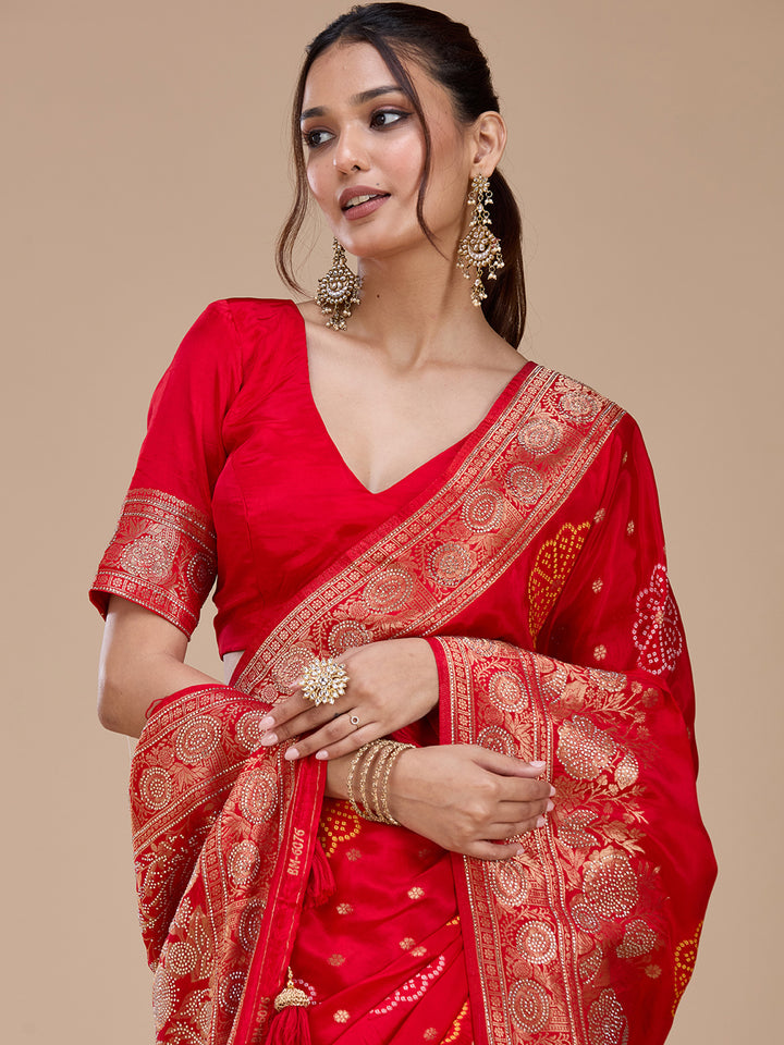 Red Silk Buti Gold Stonework Saree With Matching Blouse Piece