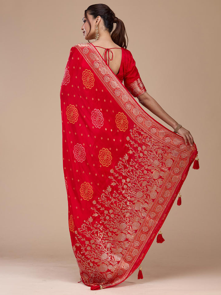 Red Silk Buti Gold Stonework Saree With Matching Blouse Piece
