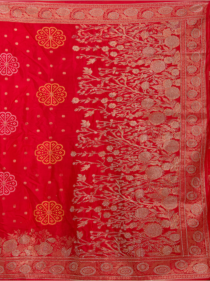 Red Silk Buti Gold Stonework Saree With Matching Blouse Piece