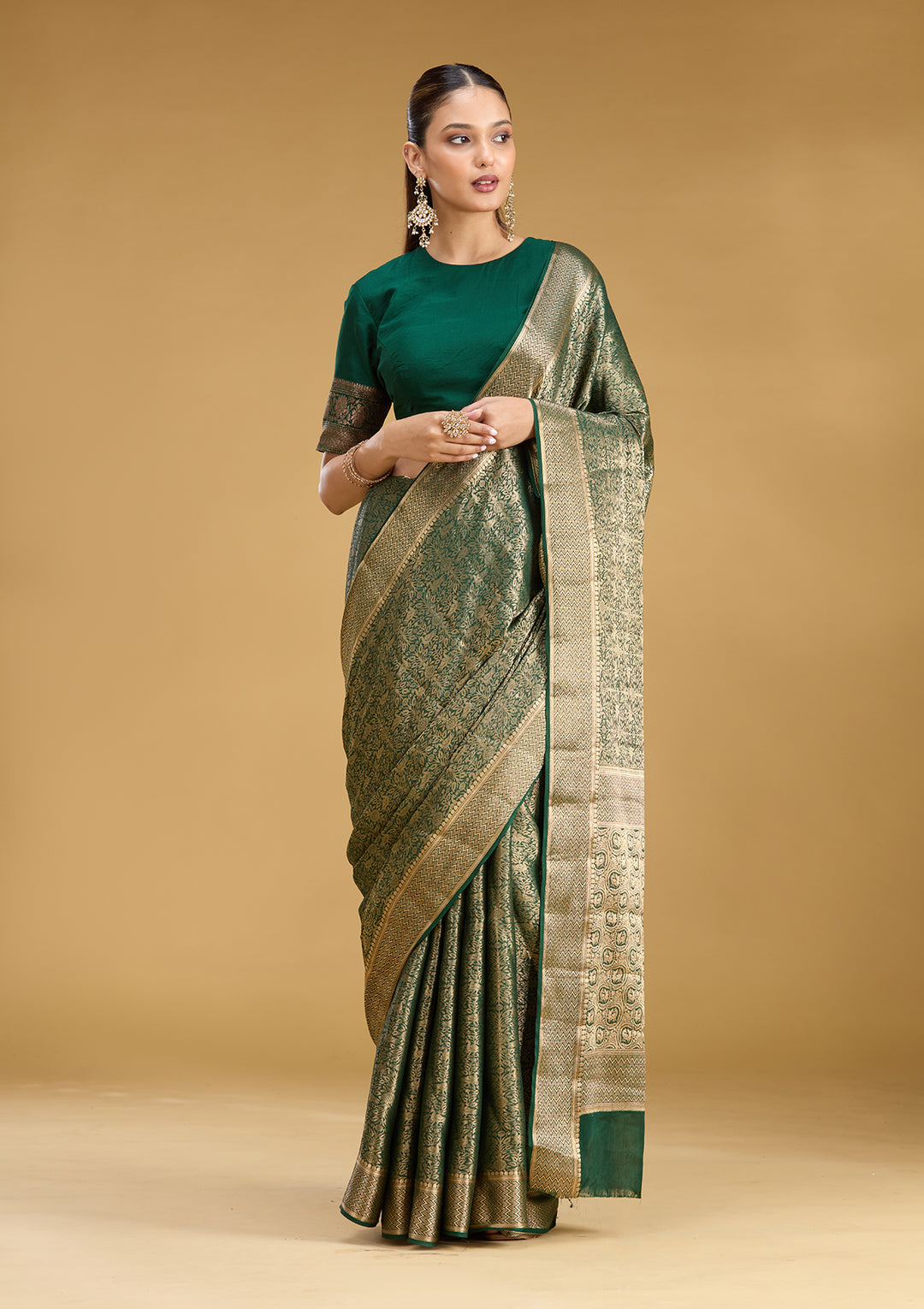 Bottle Green Georgette Jaal Gold Zariwork Saree With Matching Blouse Piece