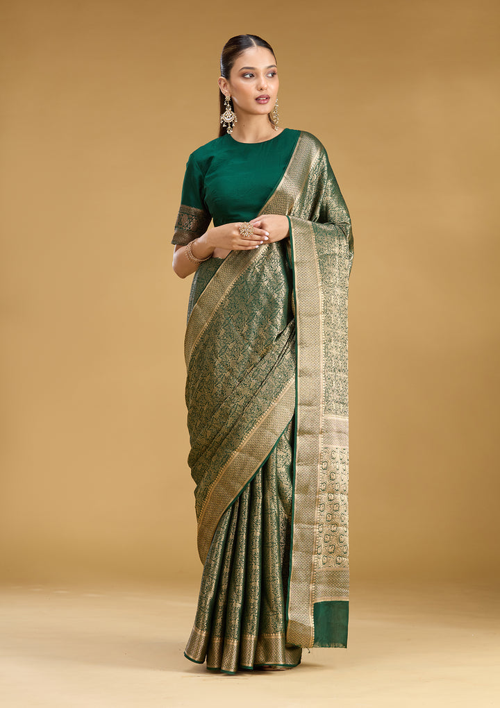 Bottle Green Georgette Jaal Gold Zariwork Saree With Matching Blouse Piece