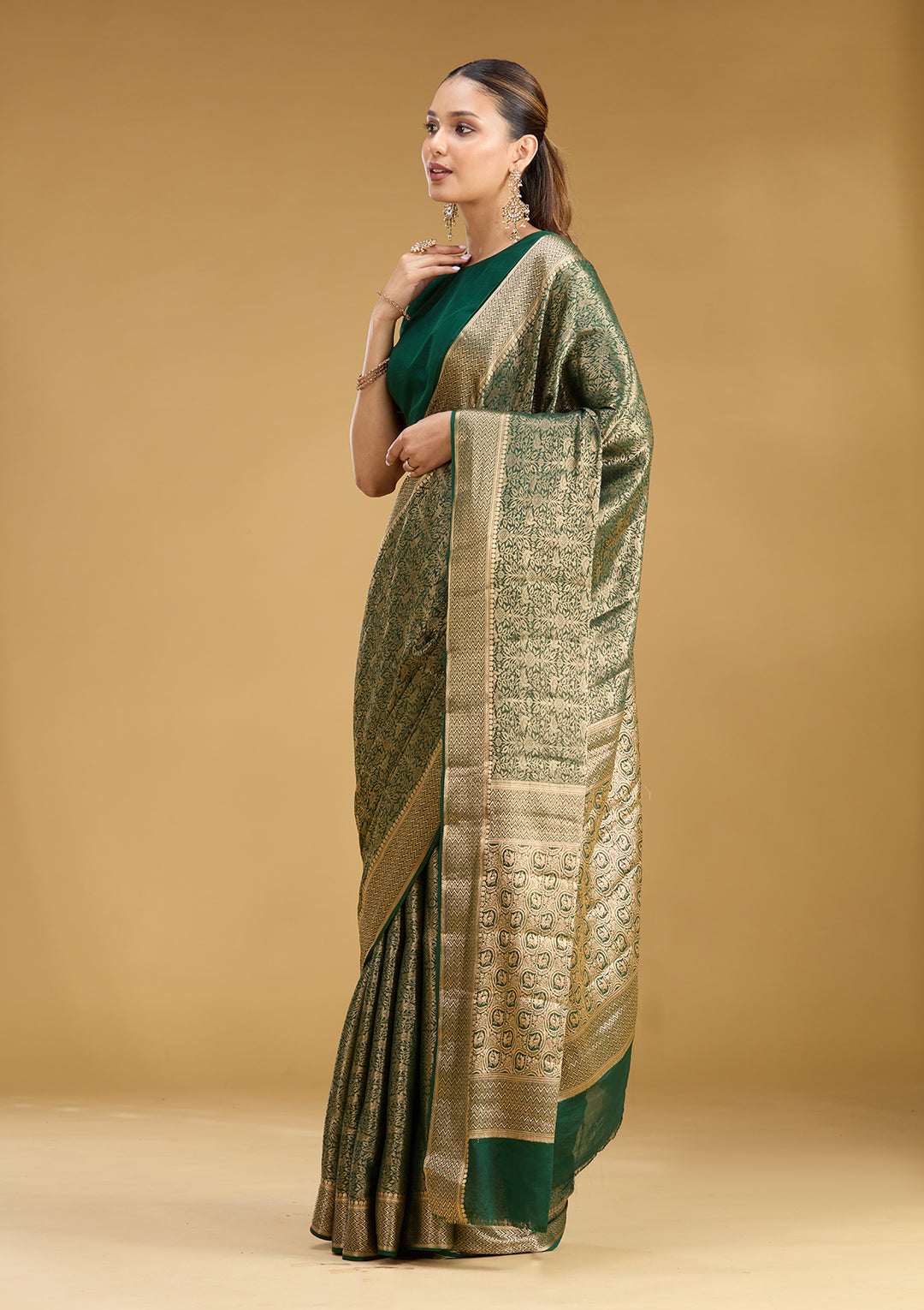 Bottle Green Georgette Jaal Gold Zariwork Saree With Matching Blouse Piece
