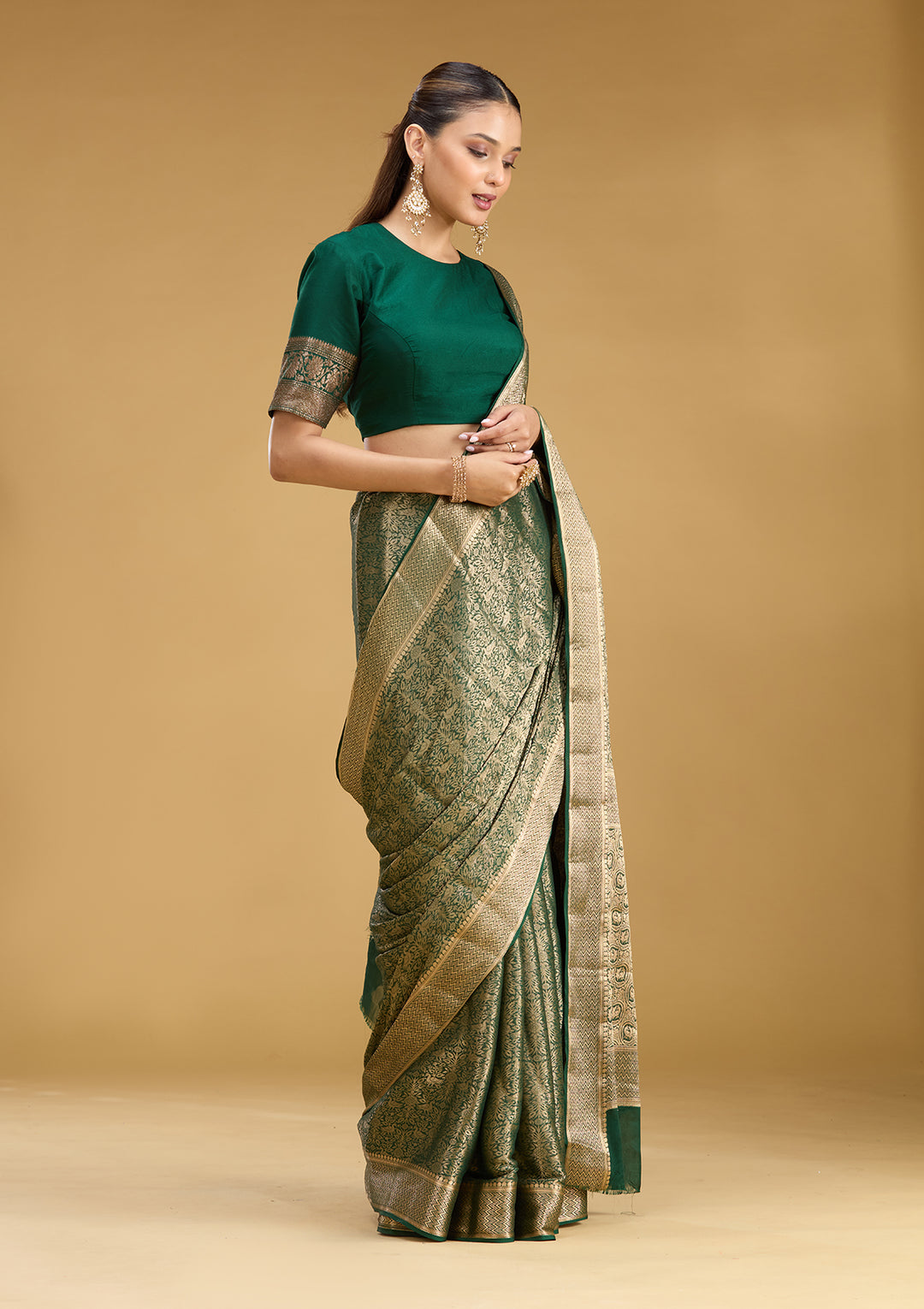 Bottle Green Georgette Jaal Gold Zariwork Saree With Matching Blouse Piece