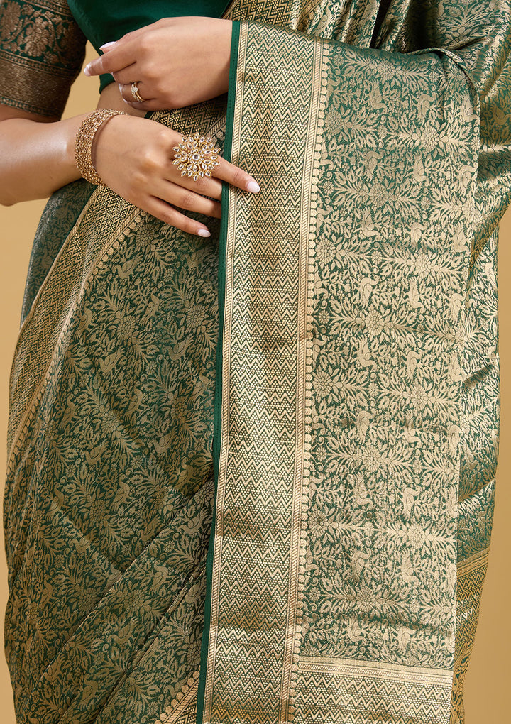 Bottle Green Georgette Jaal Gold Zariwork Saree With Matching Blouse Piece