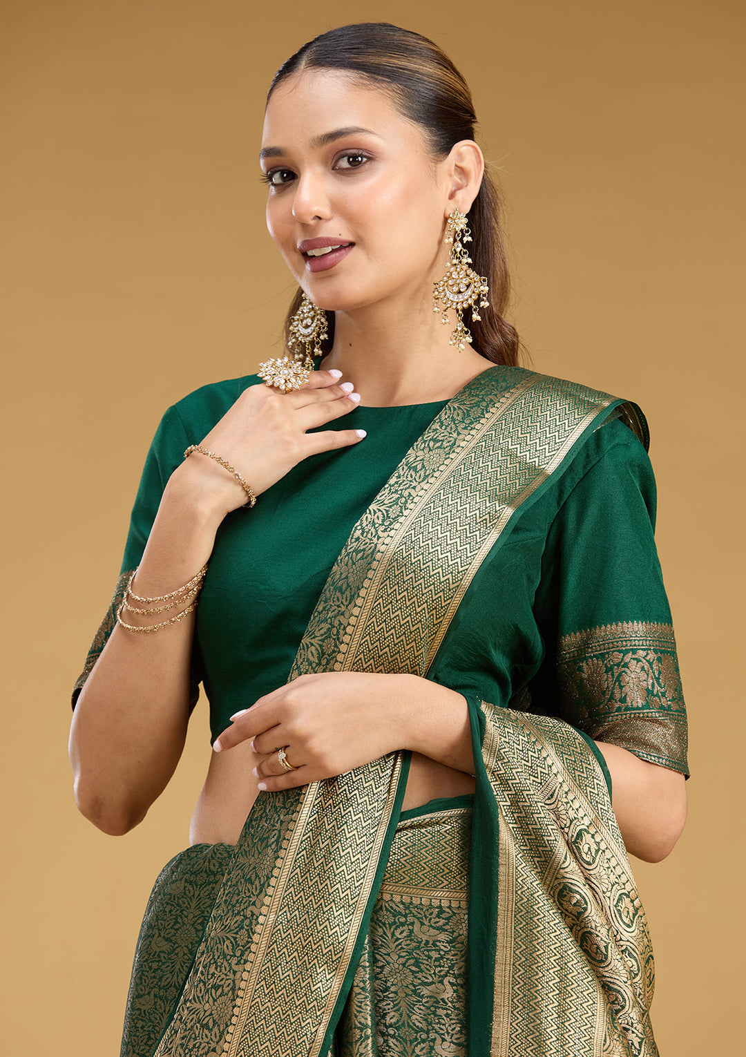 Bottle Green Georgette Jaal Gold Zariwork Saree With Matching Blouse Piece